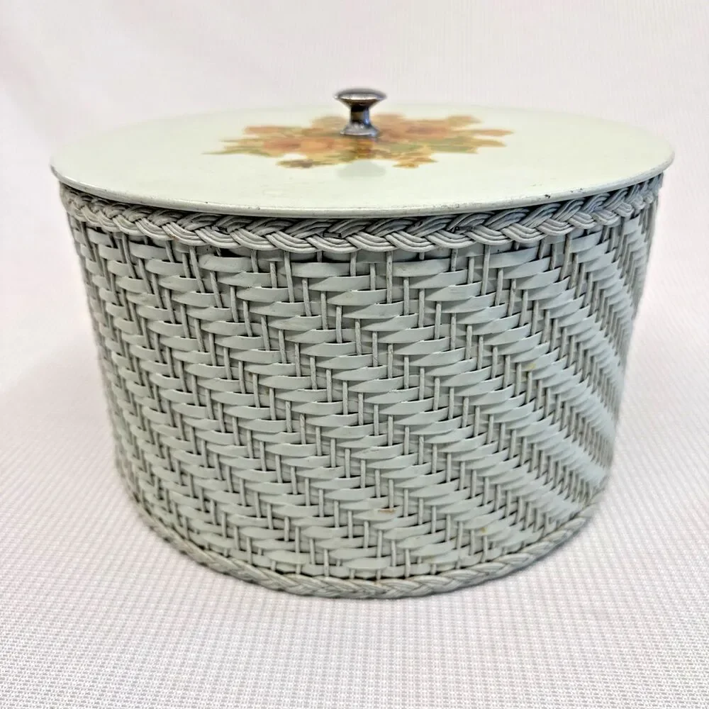 Vintage Harvey Mint Green Wicker Sewing Basket filled with crafts & accessories!